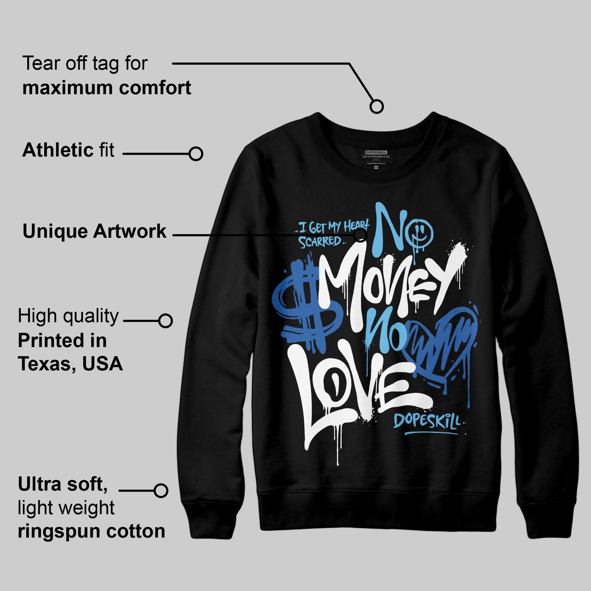 Blueberry 12s superstreetwear Sweatshirt No Money No Love Typo Graphic