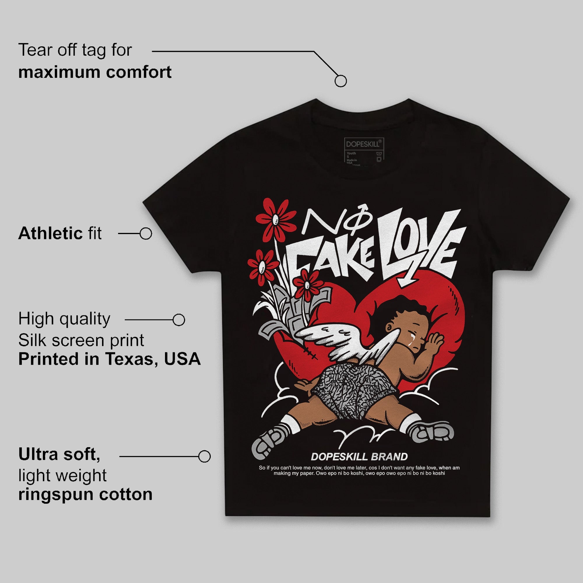 Black Cement 3s superstreetwear Toddler Kids T-shirt No Fake Love Graphic