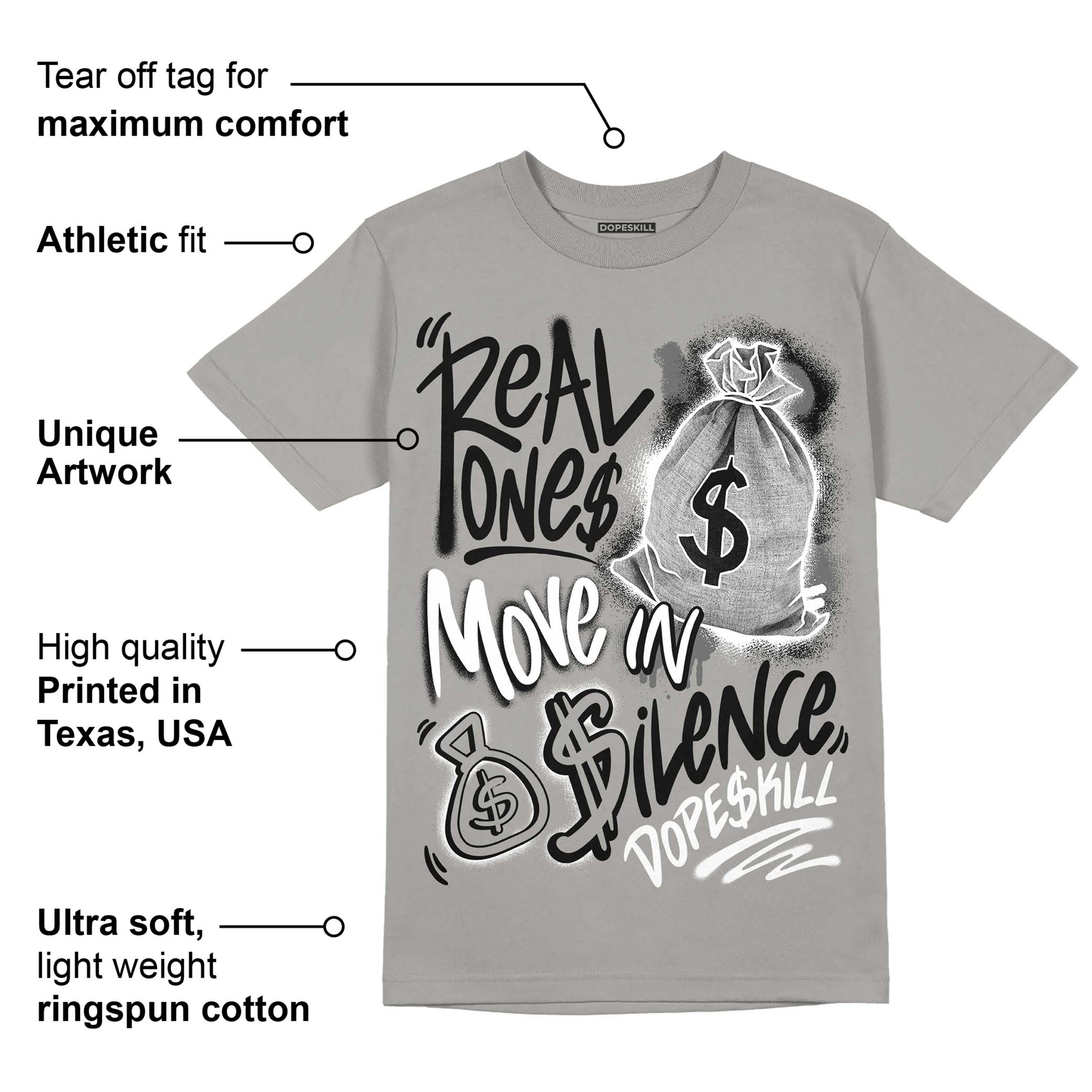 Grey Collection superstreetwear Grey T-shirt Real Ones Move In Silence Graphic