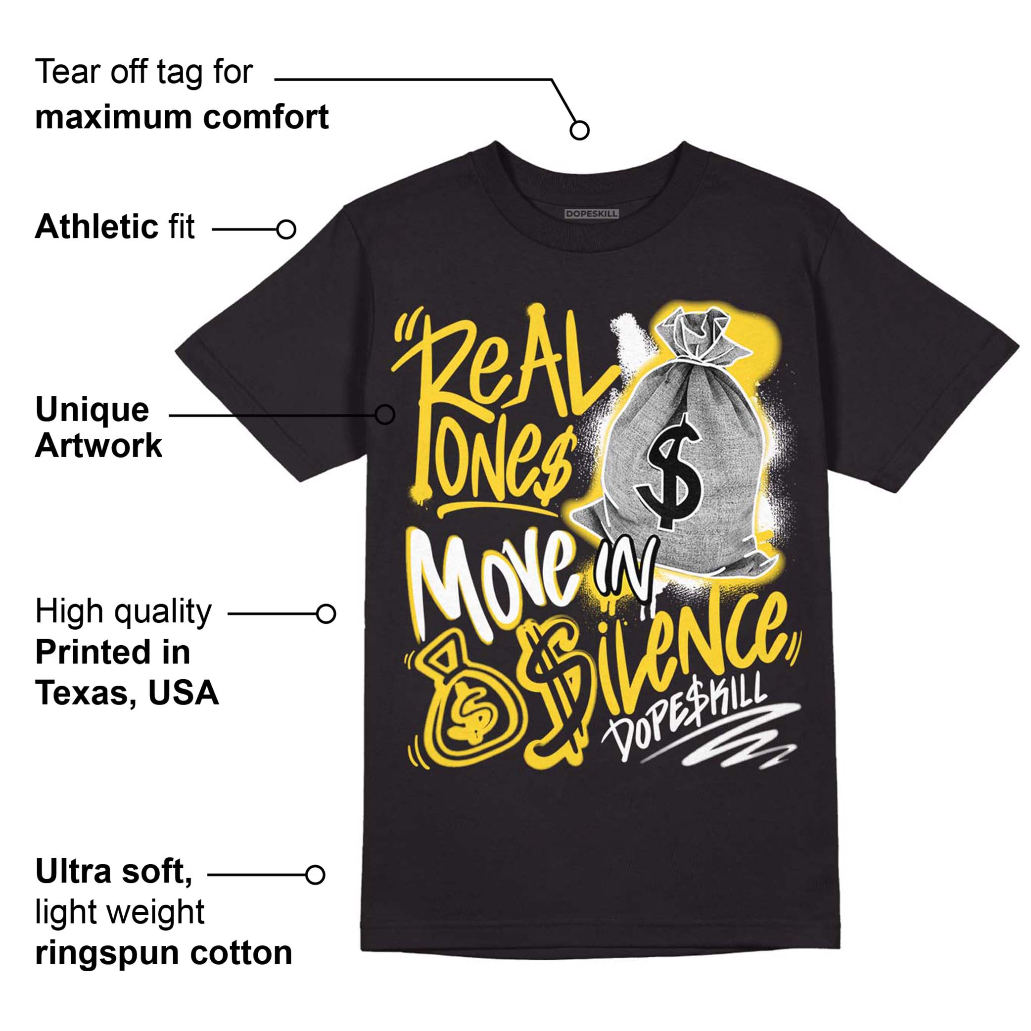 Black Tour Yellow AJ 4 Thunder superstreetwear T-Shirt Real Ones Move In Silence Graphic