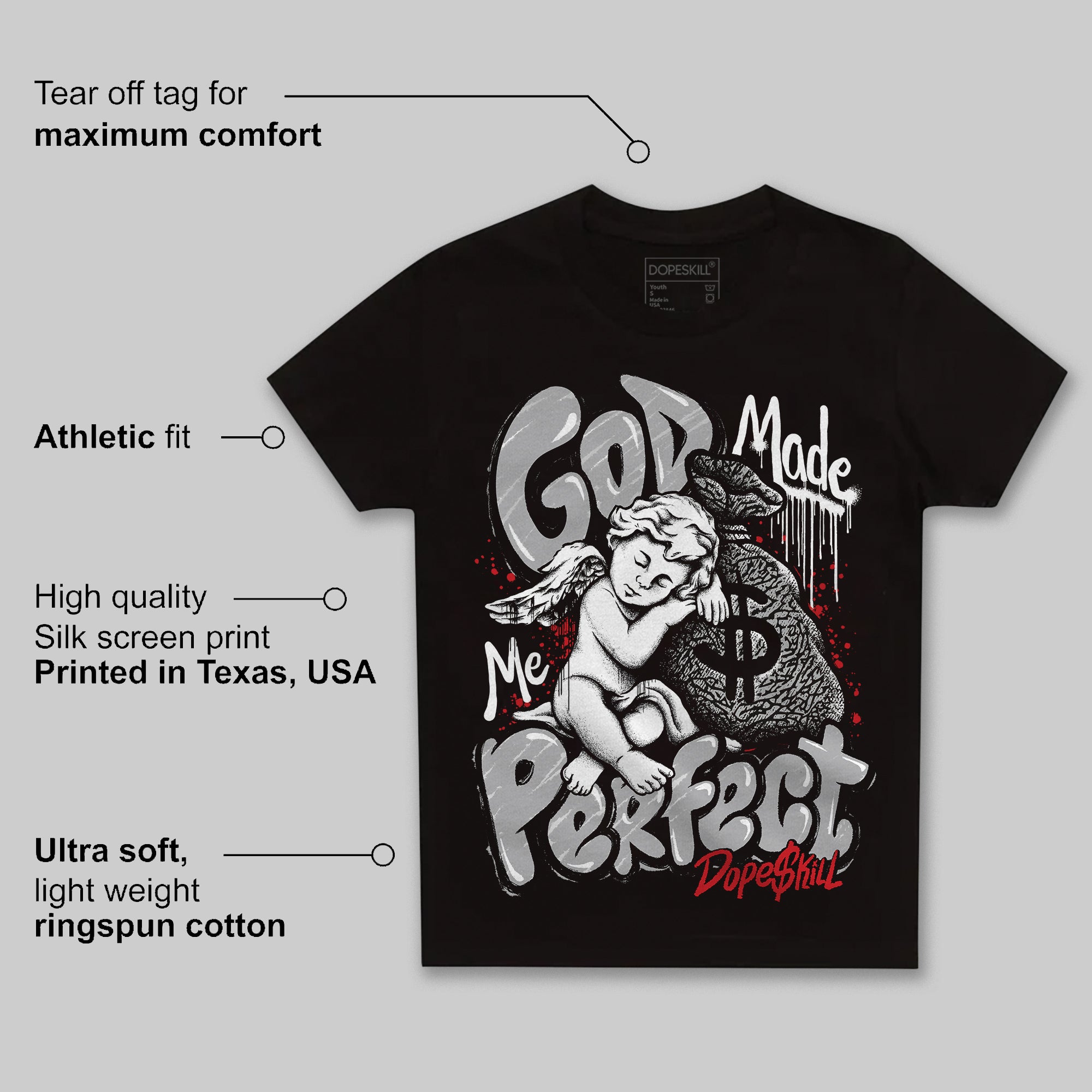Black Cement 3s superstreetwear Toddler Kids T-shirt God Made Me Perfect Graphic