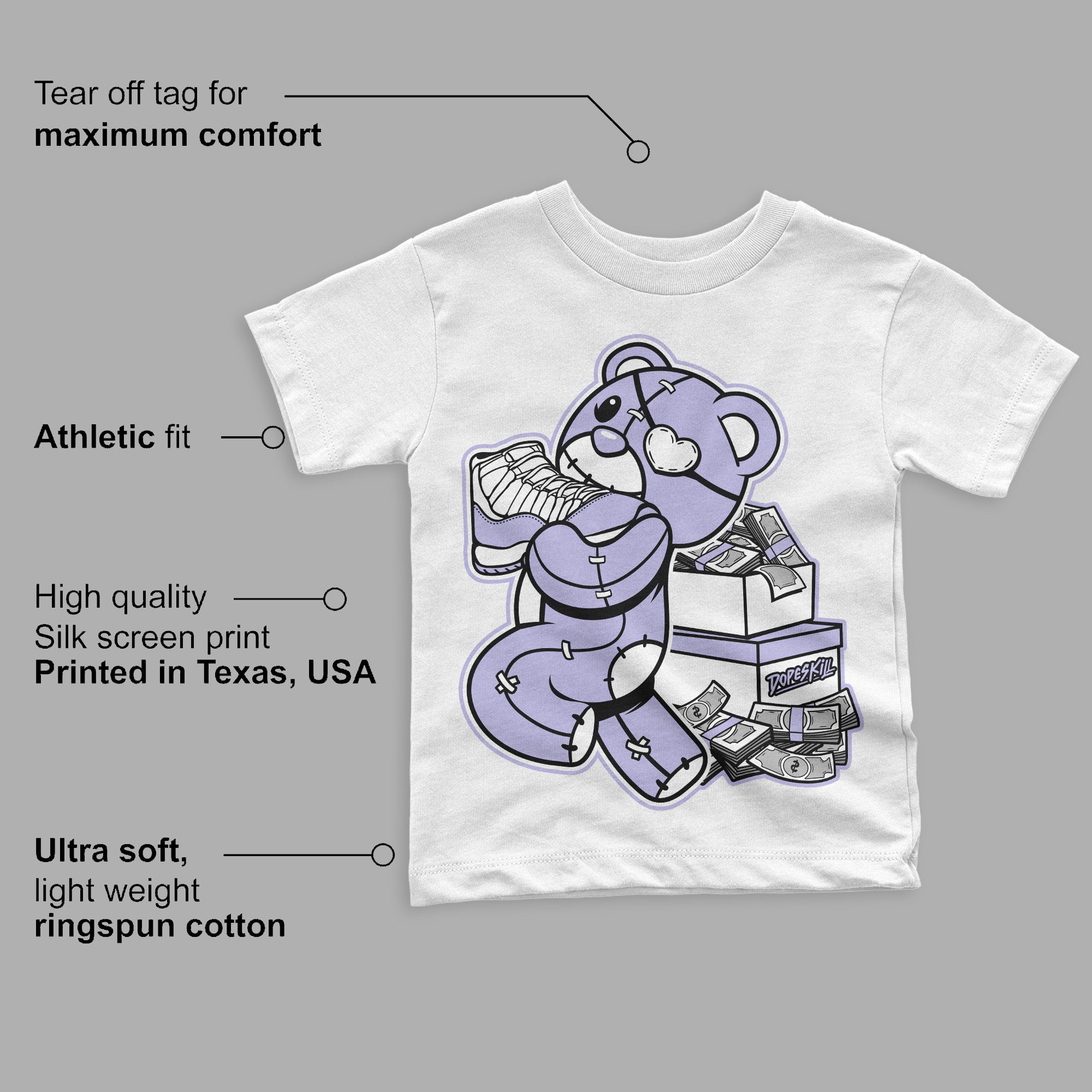 Pure Violet 11s Low superstreetwear Toddler Kids T-shirt Bear Steals Sneaker Graphic