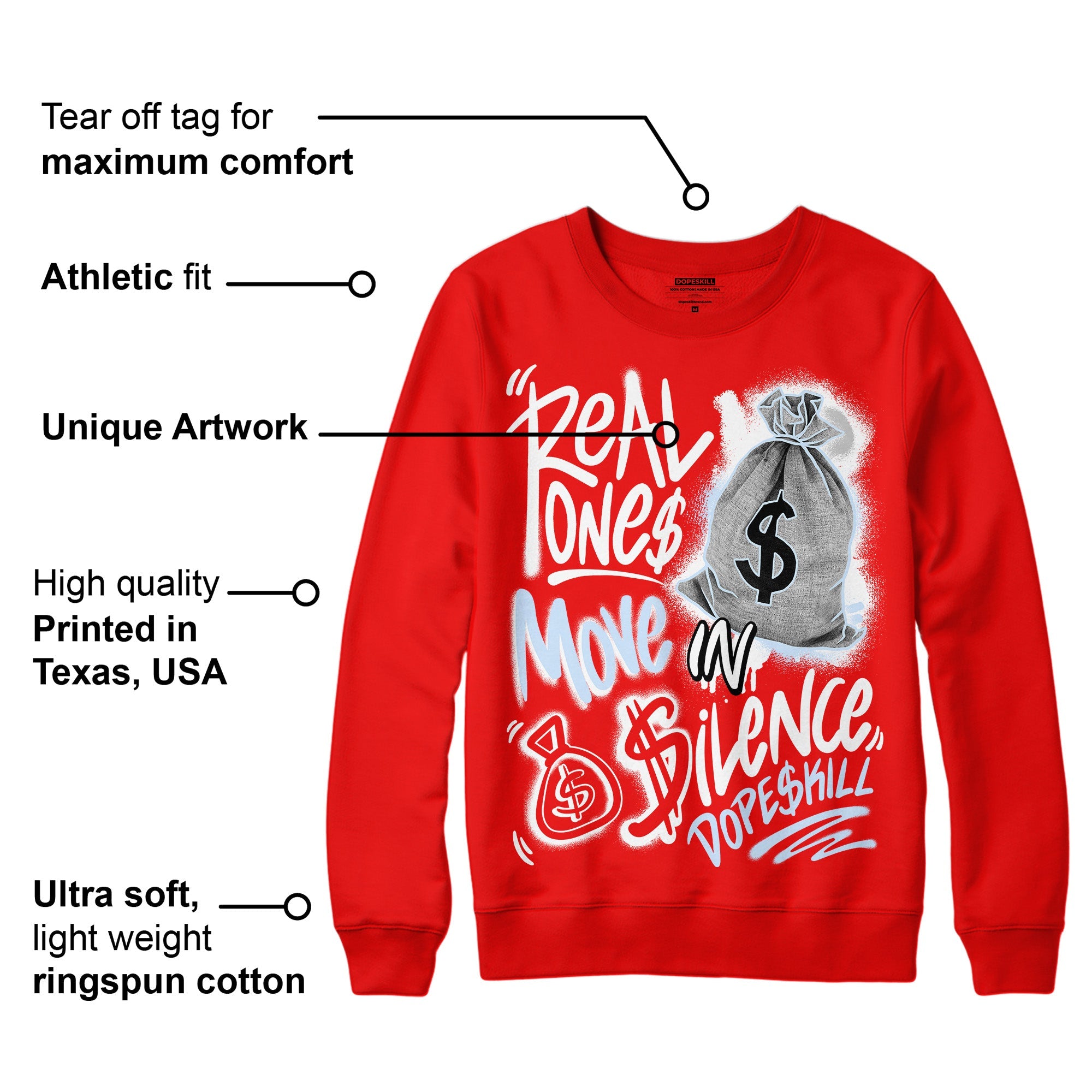 Cherry 11s superstreetwear Varsity Red Sweatshirt Real Ones Move In Silence Graphic