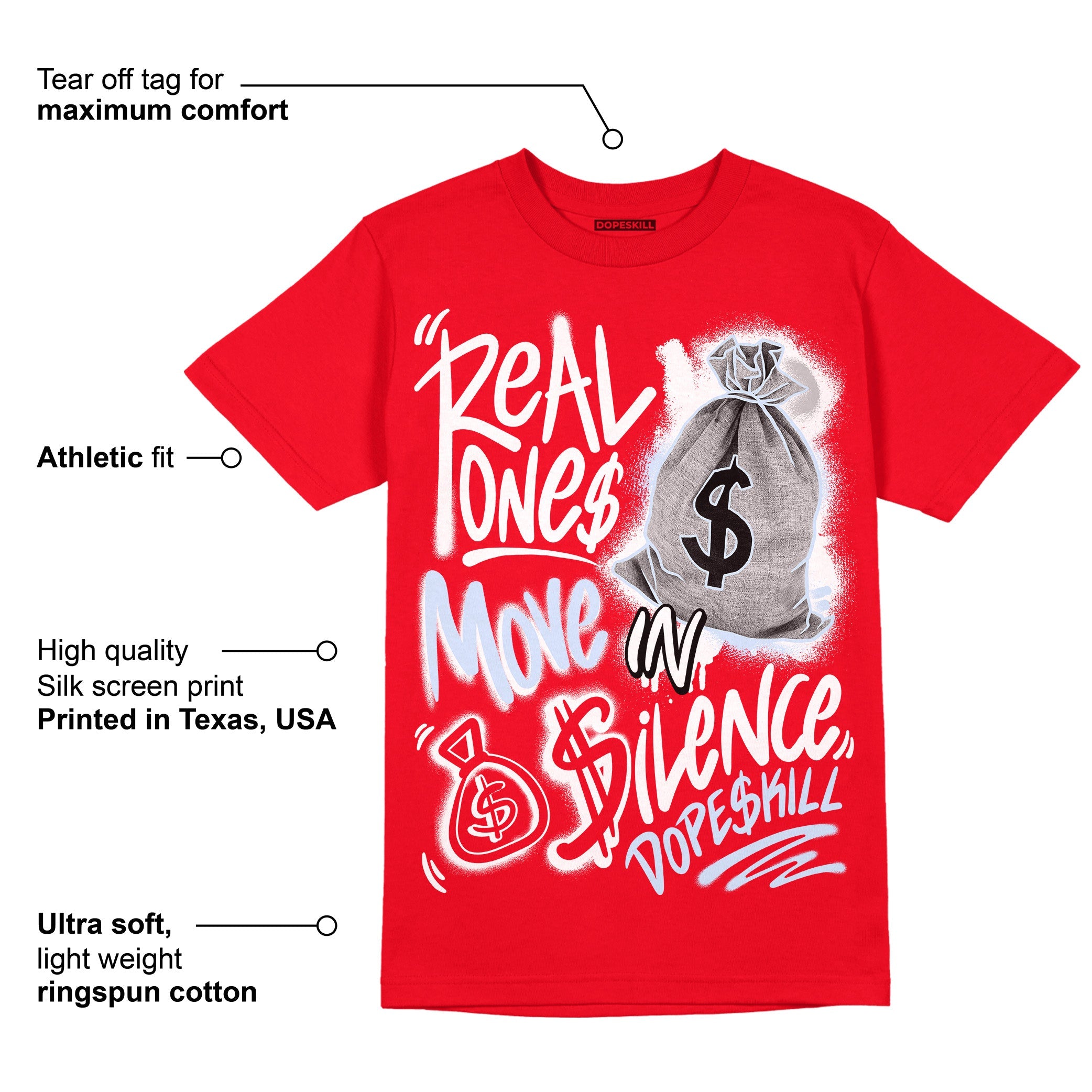 Cherry 11s superstreetwear Varsity Red T-shirt Real Ones Move In Silence Graphic