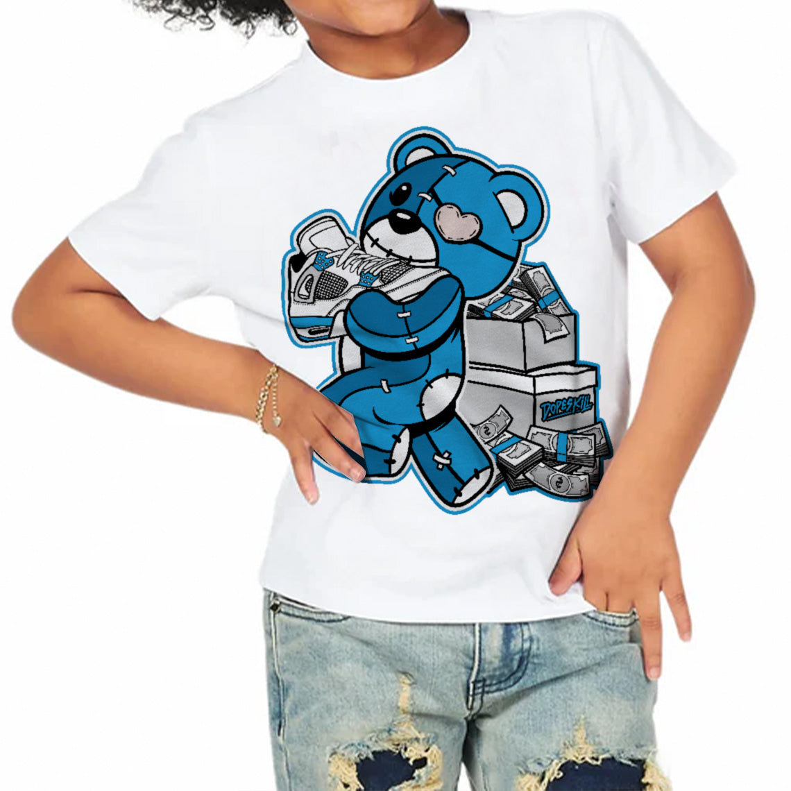 Military Blue 4s superstreetwear Toddler Kids T-shirt Bear Steals Sneaker Graphic