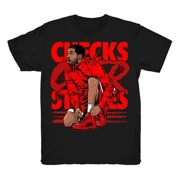 Youth 12 Gym Red shirt | Drake Checks Over Stripes - Retro 12 Gym Red 2018 / Black tee shirts