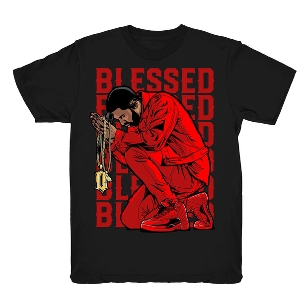 Youth 12 Gym Red shirt | Drake Blessed - Retro 12 Gym Red 2018 / Black tee shirts