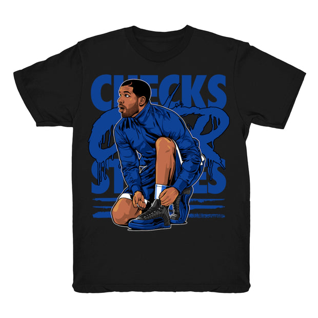 Youth 12 Game Royal shirt | Drake Checks Over Stripes - Retro 12 Game Royal 2019 / Black tee shirts