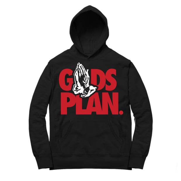 Women 11 Bred Hoodie | Bred XI Drake Gods Plan - Retro 11 Bred 2019 / Black Hooded tee shirt