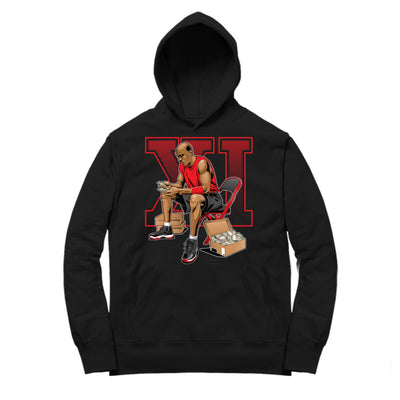 Youth 11 Bred Hoodie | Stackin Bred XI - Retro 11 Bred 2019 / Black Hooded tee shirt