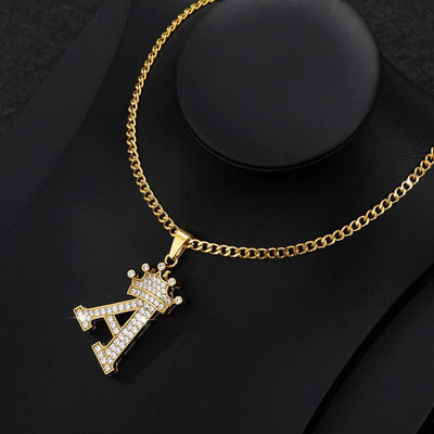 Zircon Crown Letter Pendant Necklace For Women Men Initial Alphabet Necklace Hip Hop Choker Chain Jewelry - A