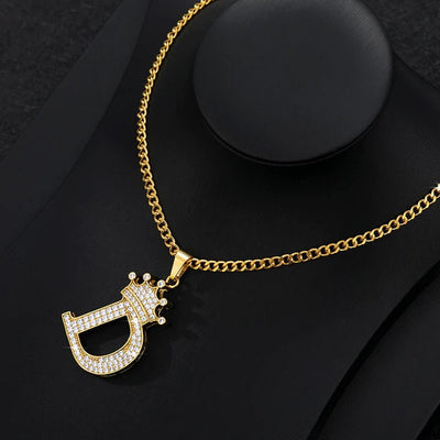 Zircon Crown Letter Pendant Necklace For Women Men Initial Alphabet Necklace Hip Hop Choker Chain Jewelry - D