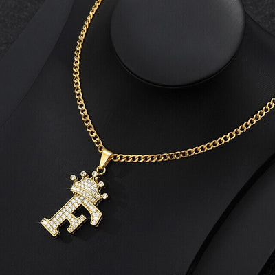 Zircon Crown Letter Pendant Necklace For Women Men Initial Alphabet Necklace Hip Hop Choker Chain Jewelry - F
