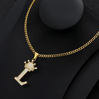Zircon Crown Letter Pendant Necklace For Women Men Initial Alphabet Necklace Hip Hop Choker Chain Jewelry - L