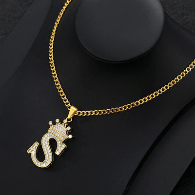 Zircon Crown Letter Pendant Necklace For Women Men Initial Alphabet Necklace Hip Hop Choker Chain Jewelry - S