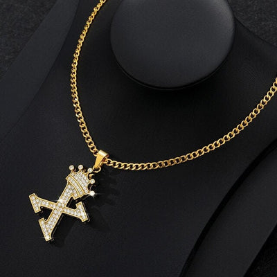 Zircon Crown Letter Pendant Necklace For Women Men Initial Alphabet Necklace Hip Hop Choker Chain Jewelry - X