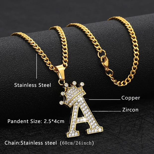 Zircon Crown Letter Pendant Necklace For Women Men Initial Alphabet Necklace Hip Hop Choker Chain Jewelry - C