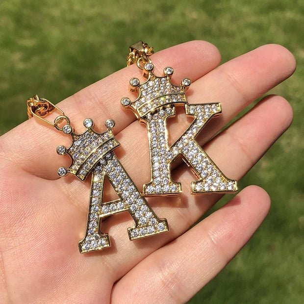Zircon Crown Letter Pendant Necklace For Women Men Initial Alphabet Necklace Hip Hop Choker Chain Jewelry - U