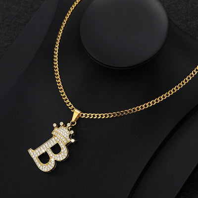 Zircon Crown Letter Pendant Necklace For Women Men Initial Alphabet Necklace Hip Hop Choker Chain Jewelry - B