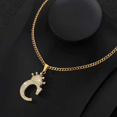 Zircon Crown Letter Pendant Necklace For Women Men Initial Alphabet Necklace Hip Hop Choker Chain Jewelry - C