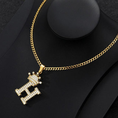 Zircon Crown Letter Pendant Necklace For Women Men Initial Alphabet Necklace Hip Hop Choker Chain Jewelry - H