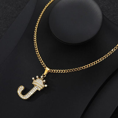 Zircon Crown Letter Pendant Necklace For Women Men Initial Alphabet Necklace Hip Hop Choker Chain Jewelry - J