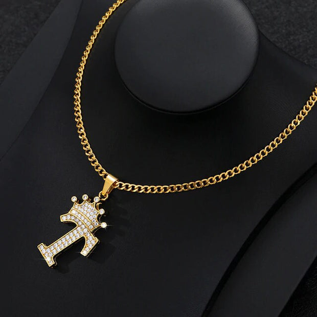 Zircon Crown Letter Pendant Necklace For Women Men Initial Alphabet Necklace Hip Hop Choker Chain Jewelry - T