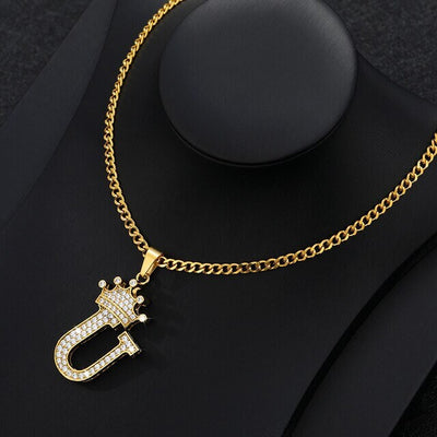 Zircon Crown Letter Pendant Necklace For Women Men Initial Alphabet Necklace Hip Hop Choker Chain Jewelry - U