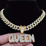 Men Women Hip Hop KING QUEEN Letter Pendant Necklace with 13mm Miami Cuban Chain Iced Out Bling HipHop Necklaces Fashion Jewelry