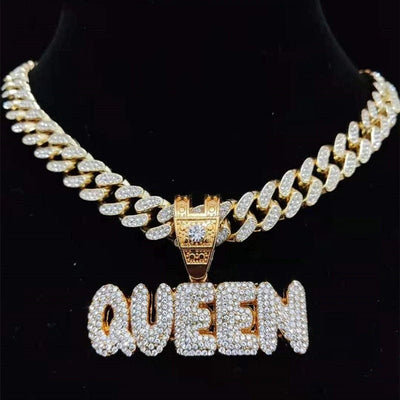 Men Women Hip Hop KING QUEEN Letter Pendant Necklace with 13mm Miami Cuban Chain Iced Out Bling HipHop Necklaces Fashion Jewelry