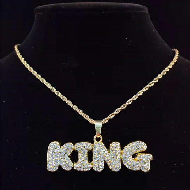 Men Women Hip Hop KING QUEEN Letter Pendant Necklace with 13mm Miami Cuban Chain Iced Out Bling HipHop Necklaces Fashion Jewelry