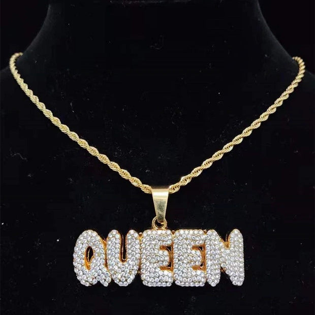 Men Women Hip Hop KING QUEEN Letter Pendant Necklace with 13mm Miami Cuban Chain Iced Out Bling HipHop Necklaces Fashion Jewelry