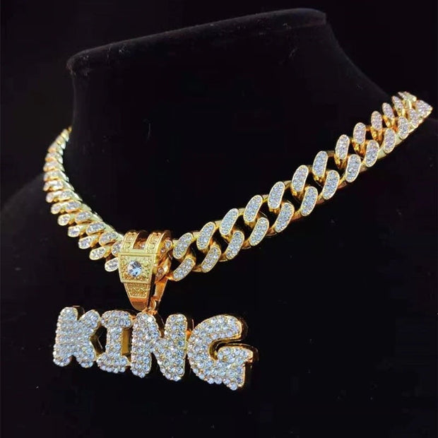 Men Women Hip Hop KING QUEEN Letter Pendant Necklace with 13mm Miami Cuban Chain Iced Out Bling HipHop Necklaces Fashion Jewelry