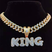 Men Women Hip Hop KING QUEEN Letter Pendant Necklace with 13mm Miami Cuban Chain Iced Out Bling HipHop Necklaces Fashion Jewelry