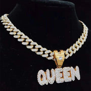 Men Women Hip Hop KING QUEEN Letter Pendant Necklace with 13mm Miami Cuban Chain Iced Out Bling HipHop Necklaces Fashion Jewelry