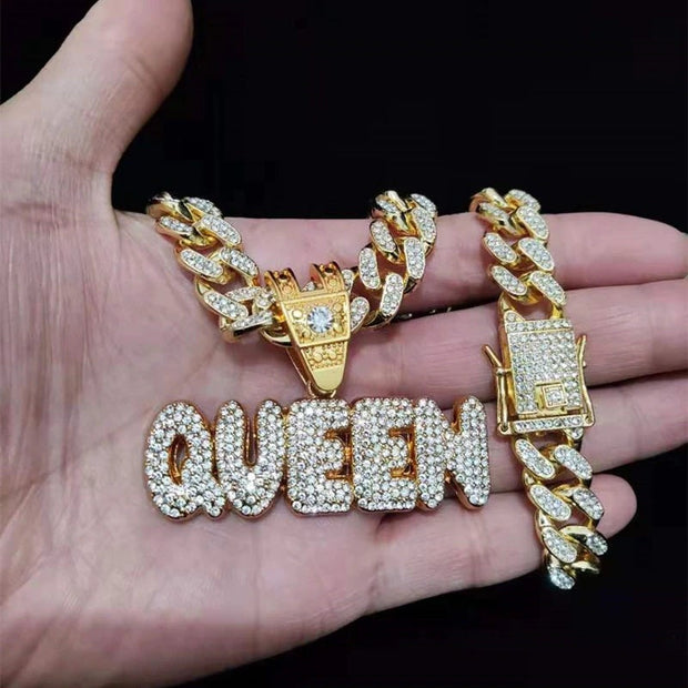 Men Women Hip Hop KING QUEEN Letter Pendant Necklace with 13mm Miami Cuban Chain Iced Out Bling HipHop Necklaces Fashion Jewelry